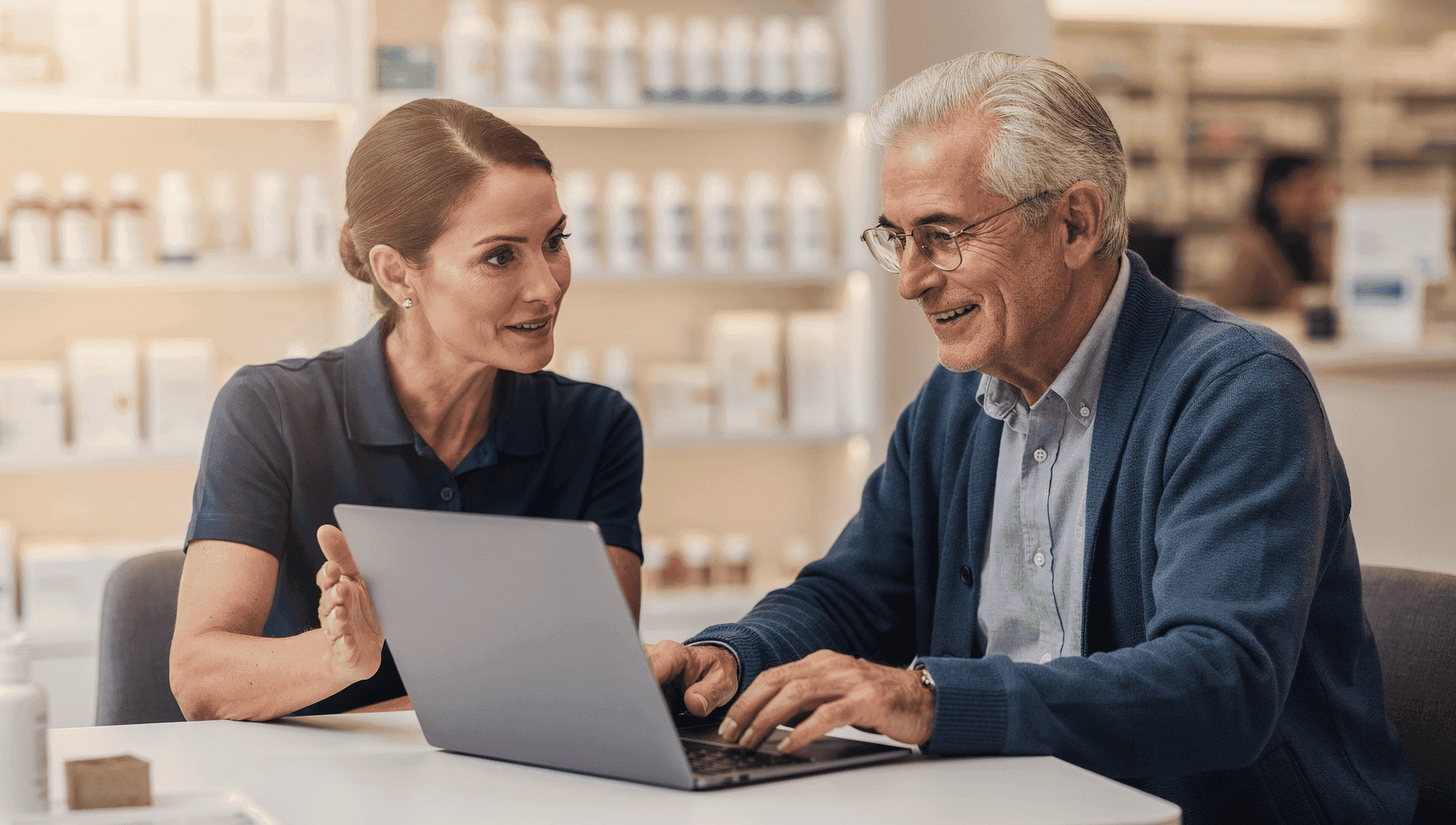 A licensed insurance agent reviewing Medicare plan options with a customer on a laptop inside a retail store